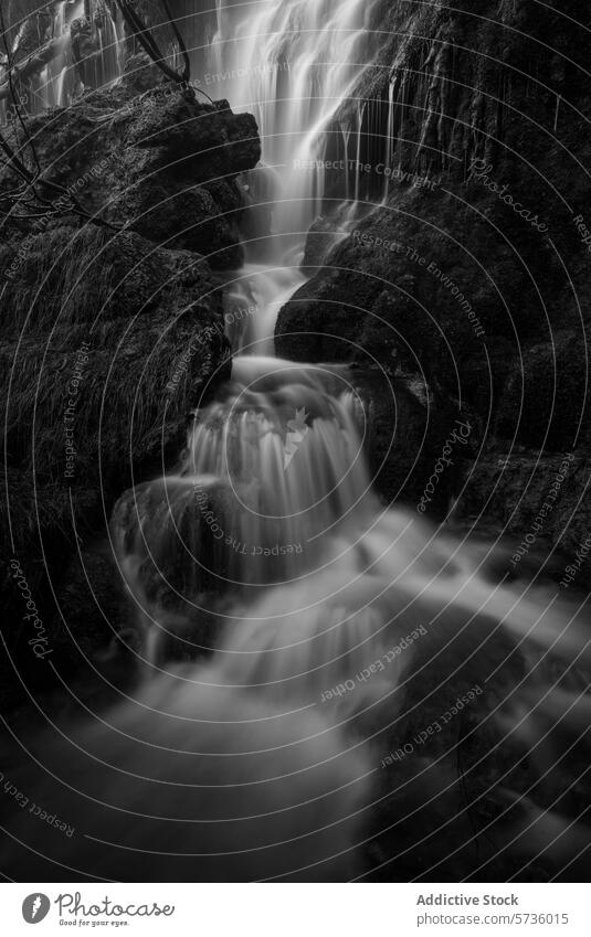 Mystische Wassermassen strömen den Rio Mundo-Wasserfall hinunter, aufgenommen in Schwarz-Weiß, und unterstreichen die fließende Kunst der Natur Spanien