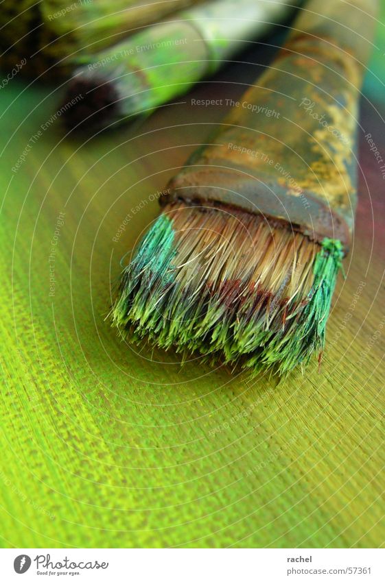 Pinsel in Aktion [2] Pinselstiel Borsten gebraucht dreckig Gemälde Karton Untergrund Farbrest Acrylfarbe Temperafarbe mehrfarbig grün türkis violett Oliven