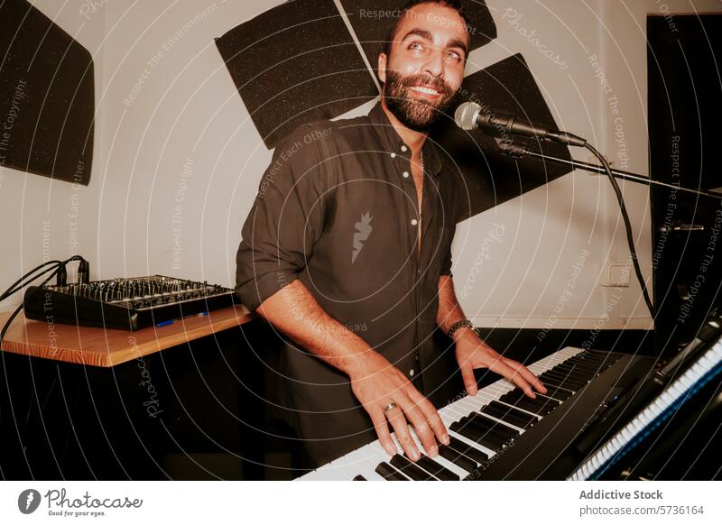 Lächelnder männlicher Musiker, der Keyboard spielt und ins Mikrofon singt Mann Gesang Spielen elektrisches Keyboard Wegsehen heiter Heimstudio Künstlerin