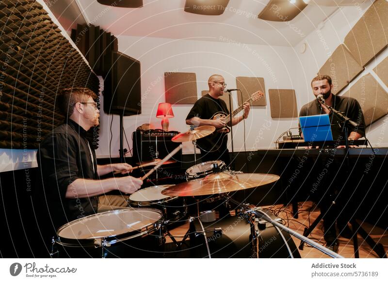 Männliche Musikgruppe beim Üben mit verschiedenen Instrumenten Band Probe Atelier Musiker männlich Männer Trio praktizieren Schlagzeuger Trommel Becken Stöcke