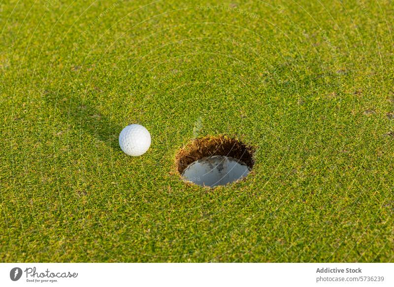 Nahaufnahme eines Golfballs in der Nähe des Lochs auf grünem Gras Ball Golfloch weiß Sport Golfen im Freien Kurs Spiel spielen Freizeit verfehlen Erfolg Schuss