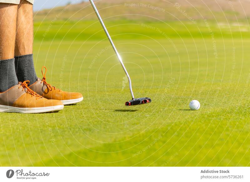 Anonymer Golfer auf einem Golfplatz Kurs Putten sonnig Stil ungewöhnlich einzigartig farbenfroh Anwesenheit Sport Setzen grün Golfball Putt-Vorbereitung Gras