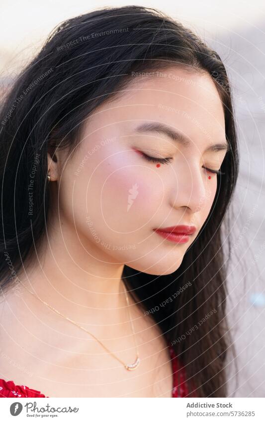 Dezentes Make-up mit roten Akzenten bei einer jungen Frau Porträt Nahaufnahme pulsierend subtil Schönheit Mode Eleganz Gelassenheit feminin Hautpflege