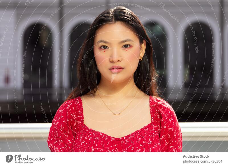 Selbstbewusste junge Frau in rotem Blumentop posiert asiatisch selbstbewusst Pose geblümt Bluse natürlich Make-up Erwachsener Mode Stil lässig Eleganz
