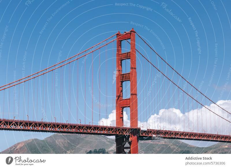 Die ikonische Golden Gate Bridge erhebt sich unter einem strahlend blauen Frühlingshimmel, der von weißen Wolken und sanften Hügeln ergänzt wird San Francisco