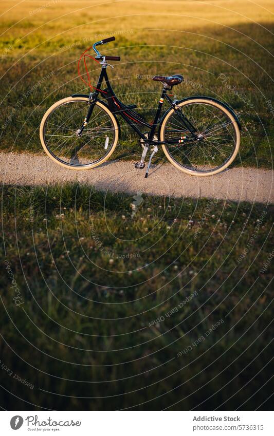 Ein einsames Fahrrad steht auf einem Feldweg und wirft im goldenen Licht des Sonnenuntergangs einen langen Schatten auf eine grüne Frühlingswiese goldene Stunde