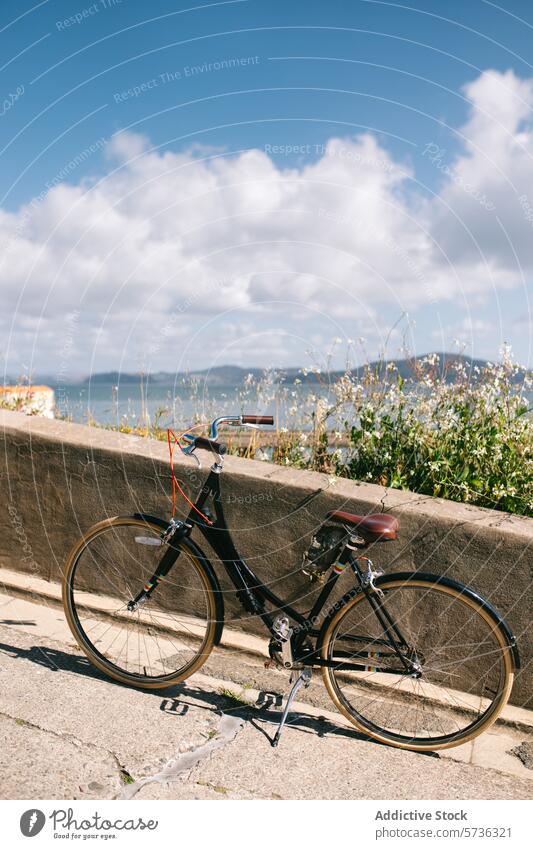 Ein klassisches schwarzes Fahrrad mit Ledersattel ruht an einer Ufermauer mit Blick auf die malerische San Francisco Bay im Frühling altehrwürdig MEER Wand