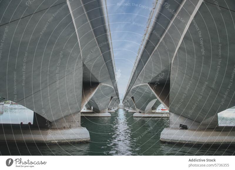 Symmetrische Perspektive unter Betonbrückenbögen Brücke Symmetrie architektonisch Design Reflexion & Spiegelung Wasser Unterseite modern Maschinenbau Struktur