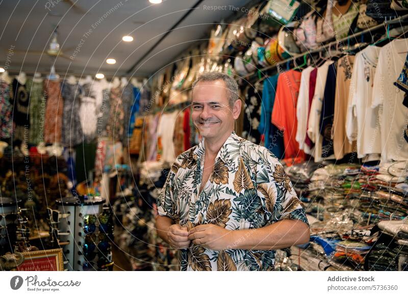 Ladenbesitzerin lächelt in einer bunten Boutique Kleiderkammer heiter Lächeln Mann gemusterte Kleidungsstücke Zubehör pulsierend farbenfroh Einzelhandel