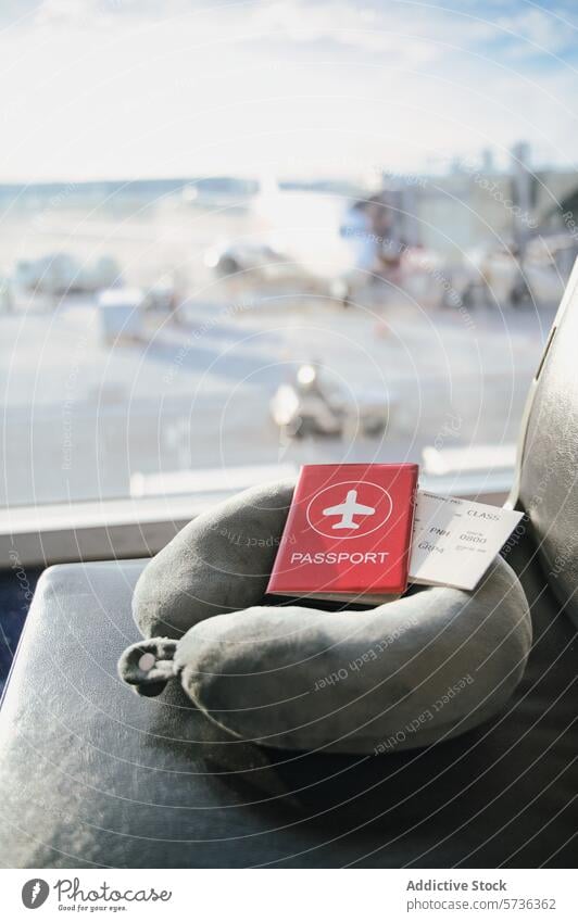 Reiseutensilien in der Flughafenlounge mit unscharfem Hintergrund reisen Reisepass Bordkarte Kopfkissen Sitz räkeln verschwommen Warten Abheben Urlaub Business