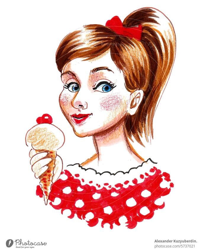 Hübsches Mädchen isst ein Eis. Hand gezeichnet Retro-Stil Illustration Speiseeis Essen Kind niedlich tatsy Charakter Kunst Kunstwerk Zeichnung Skizze Tusche