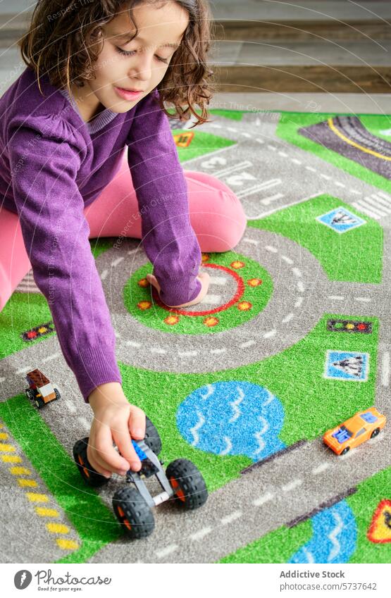 Kind spielt mit Spielzeugautos auf einer bunten Spielmatte Mädchen spielen PKW Vorstellungskraft farbenfroh pulsierend im Innenbereich Spielzeit Aktivität
