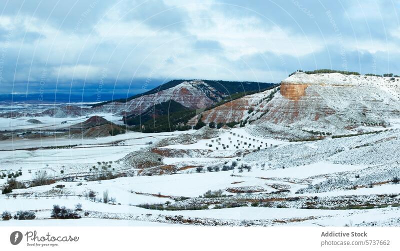Auffällige Schichten aus Schnee, rotem Gestein und Vegetation prägen das Hochland von Zentral-Guadalajara, kontrastiert durch einen dramatischen Winterhimmel