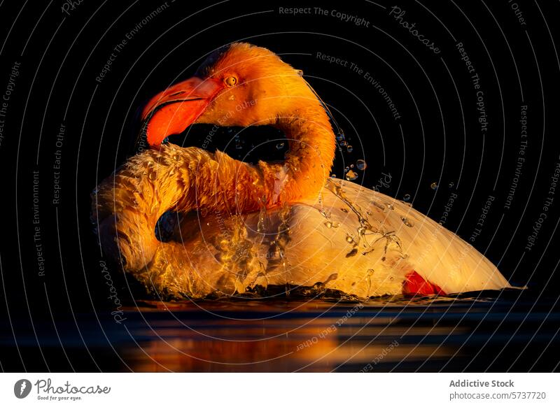 Gewöhnlicher Flamingo im dramatischen Licht des Sonnenuntergangs Gemeiner Flamingo Vogel Wasservögel golden Kontrast Natur Tierwelt orange rot platschen