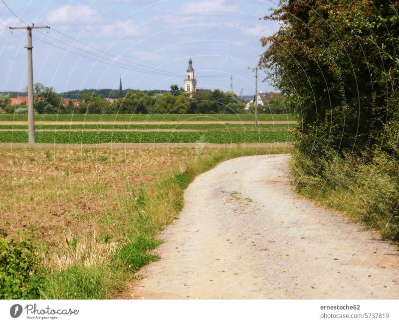 Felder mit Blick auf die Dorfkirche Bergrheinfeld Feldrain feldweg Grün Maria Schmerz Kirche Tasch Gebüsch
