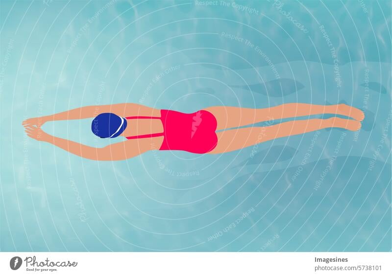 Schwimmstil. Brustschwimmen im Wasser. Die schwimmende Frau trägt einen rot-rosa Badeanzug und eine blaue Badekappe. Abbildung Grafik u. Illustration aktiv