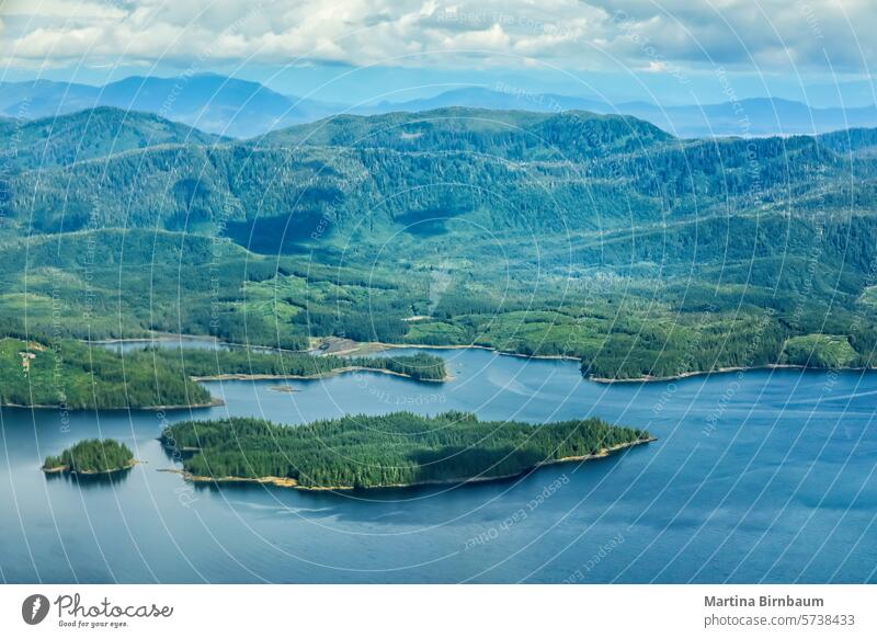 Blick aus der Luft über die grüne Sommerlandschaft der alaskanischen Wildnis der Misty Fjords Alaska Antenne neblige Fjorde Waldlandschaft Insel Landschaft