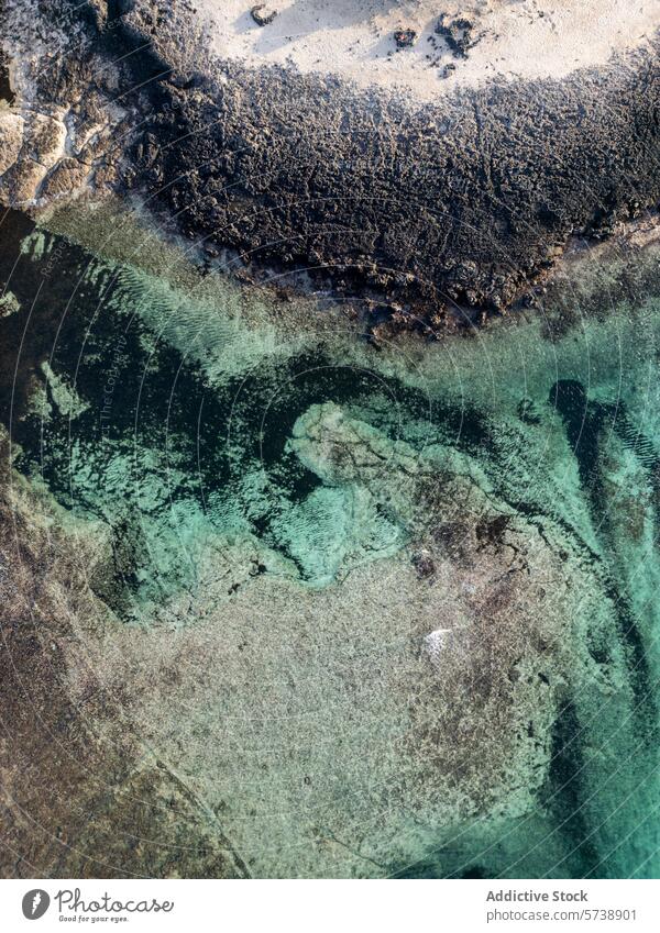 Luftaufnahme des kristallklaren Wassers und des felsigen Ufers Antenne Ansicht übersichtlich Küstenlinie Gelassenheit Schönheit Overhead Schuss durchscheinend