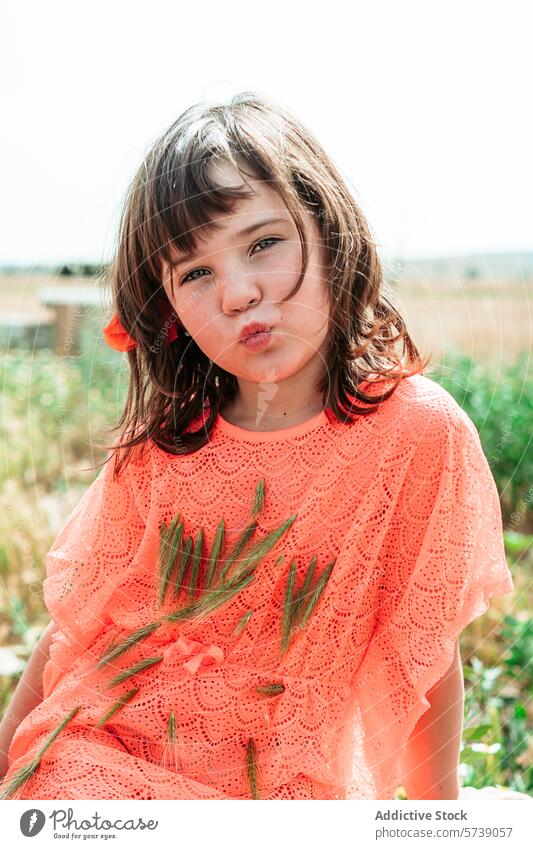 Ein Mädchen in einem korallenroten Kleid macht einen verspielten Schmollmund, während es Tannenzweige hält, und verkörpert damit den fröhlichen Geist des Sommers auf dem Bauernhof