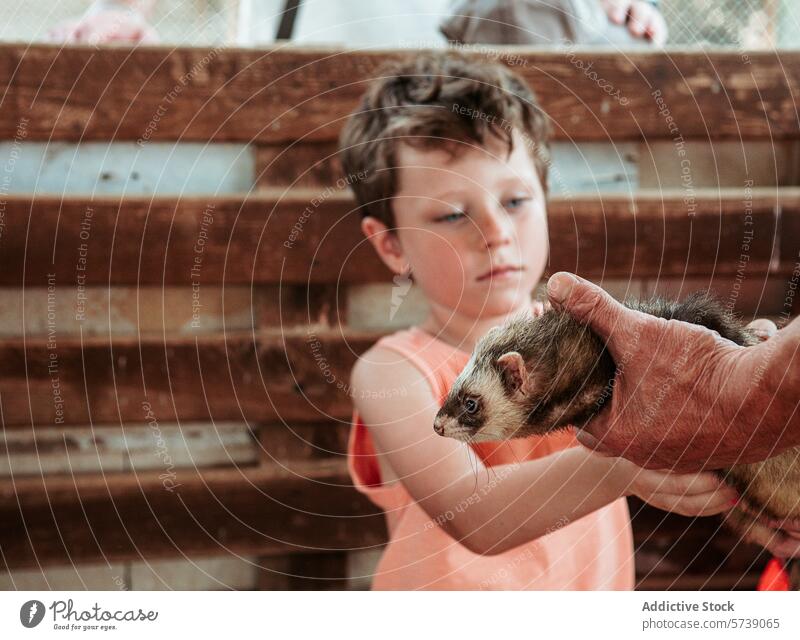 Ein kleiner Junge beobachtet aufmerksam ein Frettchen, das von einem Erwachsenen gehalten wird, und zeigt damit einen Moment des Lernens und der Interaktion in einer Bauernhofschule während des Sommers