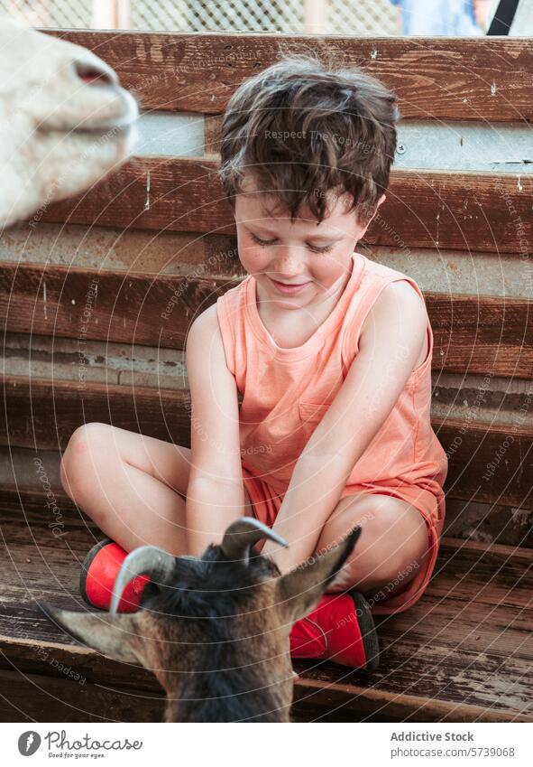 Ein lächelnder Junge in Sommerkleidung genießt einen Moment mit einem Ziegenbock, während er auf einer Holztreppe in einer Landwirtschaftsschule sitzt Bauernhof