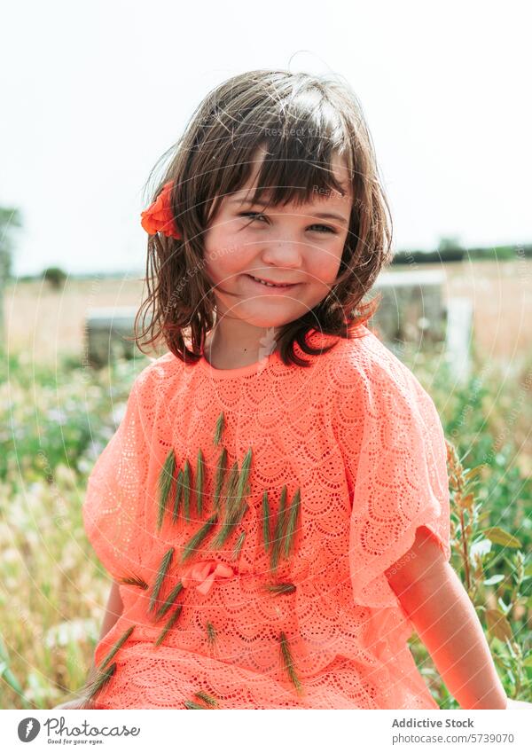 Ein Mädchen in einem korallenroten Kleid macht einen verspielten Schmollmund, während es Tannenzweige hält, und verkörpert damit den fröhlichen Geist des Sommers auf dem Bauernhof