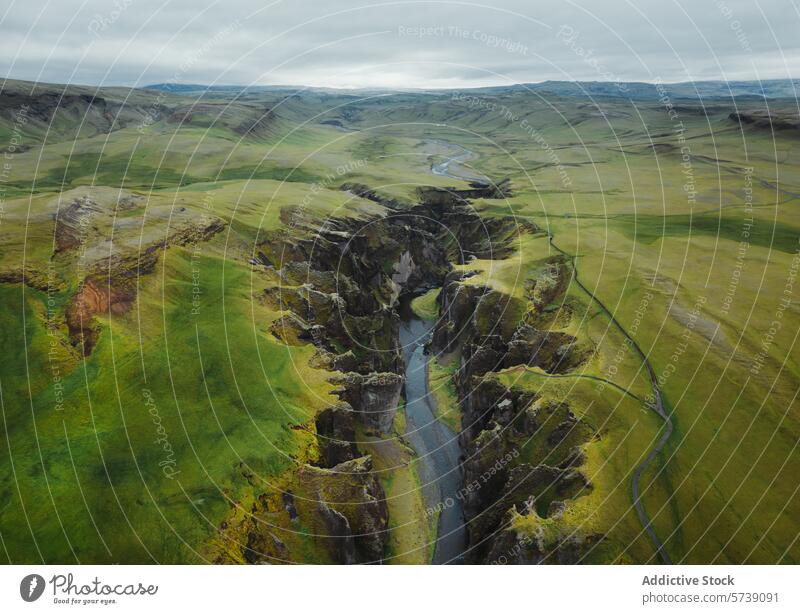 Luftaufnahme der Fjadrargljufur-Schlucht in Island fjadrargljufur Fluss Landschaft grün Klippen robust Gelassenheit schlangenförmig üppig (Wuchs) Natur