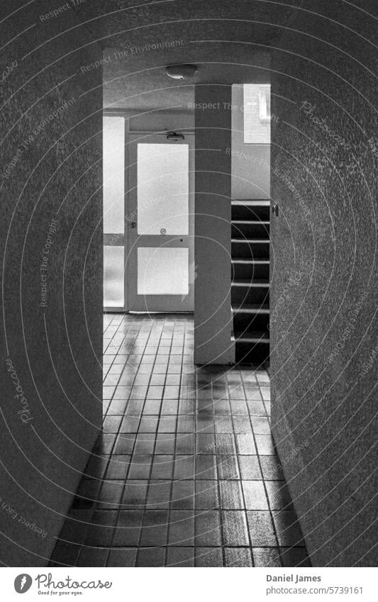 Gefliester Korridor mit Treppe und Glastür Mehrfamilienhäuser Appartement Wohnungstür Fliesenboden Tür Häusliches Leben Wand datiert 1970s Schwarzweißfoto Flur