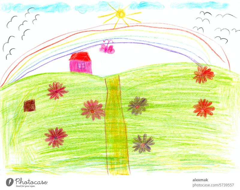 Kinderzeichnung mit Blumen und buntem Regenbogen Zeichnung kindisch zeichnen Sonne mehrfarbig Freude Kunst Hügel Farbe Berge u. Gebirge farbenfroh Cloud Natur