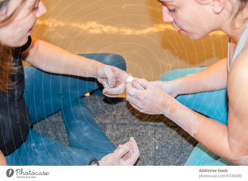 Zwei Frauen leisten Erste Hilfe an einer Hand mit Verband Pflege bandagieren Verletzung Notfall Antwort Stock Sitzen tendierend weiß anwendend betroffen