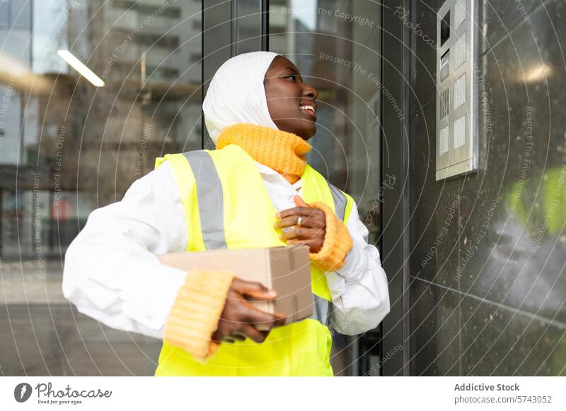 Lächelnde Zustellerin in städtischer Umgebung Frau Afrikanisch Paket Großstadt urban professionell heiter Sicherheitsweste Hijab Arbeit Mitarbeiter Kurier