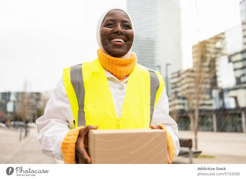 Lächelnde afroamerikanische Frau mit Paket in städtischer Umgebung Afroamerikaner Großstadt urban Gebäude Hintergrund heiter Versand Arbeiter hohe Sichtbarkeit
