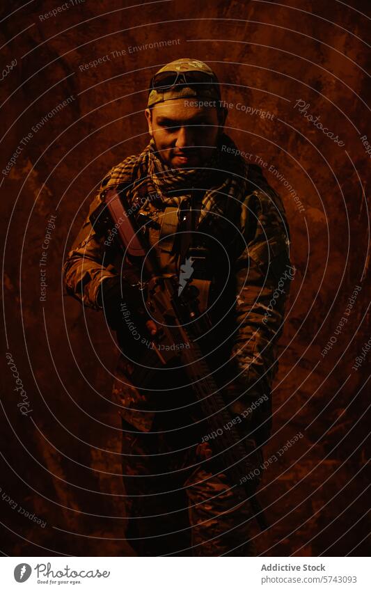 Ein intensives Bild eines in Schatten gehüllten lateinamerikanischen Soldaten, der mit seinem Gewehr vor einem dunklen, strukturierten Hintergrund steht Militär