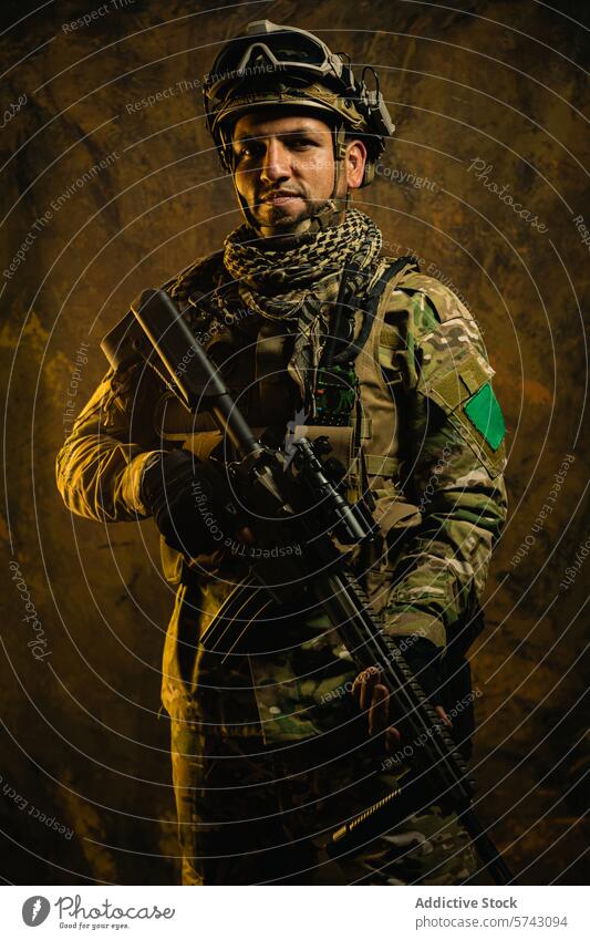 Ein Porträt eines entschlossenen lateinamerikanischen Soldaten in voller Montur, der mit seinem Gewehr vor einem strukturierten Hintergrund posiert Militär