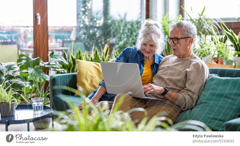 Älteres Ehepaar benutzt einen Laptop, während es auf dem Sofa im Wohnzimmer sitzt Menschen Kaukasier graue Haare lässig Tag Porträt im Innenbereich