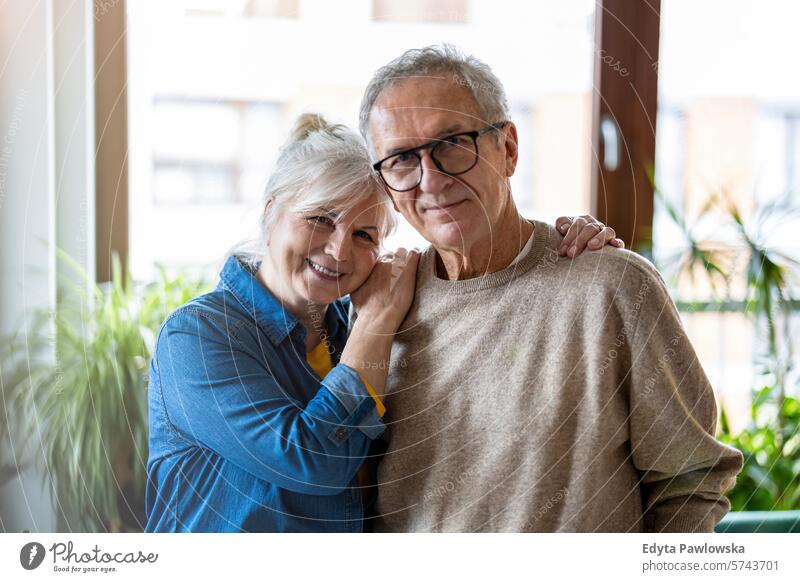 Porträt eines glücklichen älteren Paares, das sich im heimischen Wohnzimmer umarmt Menschen Kaukasier graue Haare lässig Tag im Innenbereich echte Menschen