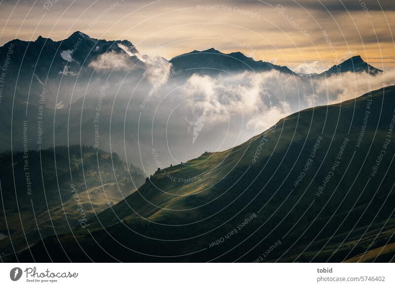 Abendstimmung in den Alpen Berge u. Gebirge Lichterscheinung Lichtspiel Schatten Schattenspiel Silhouette Wolken Horizont Dämmerung Kontrast Lichteinfall Idylle