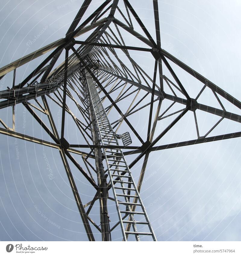 Vierfüßler mit Leiter Metall Befestigung Halt sonnig Himmel Verbindungsstück gesichert Detailaufnahme grau Schutz Sicherheit Konstruktion Mast Hochspannungsmast