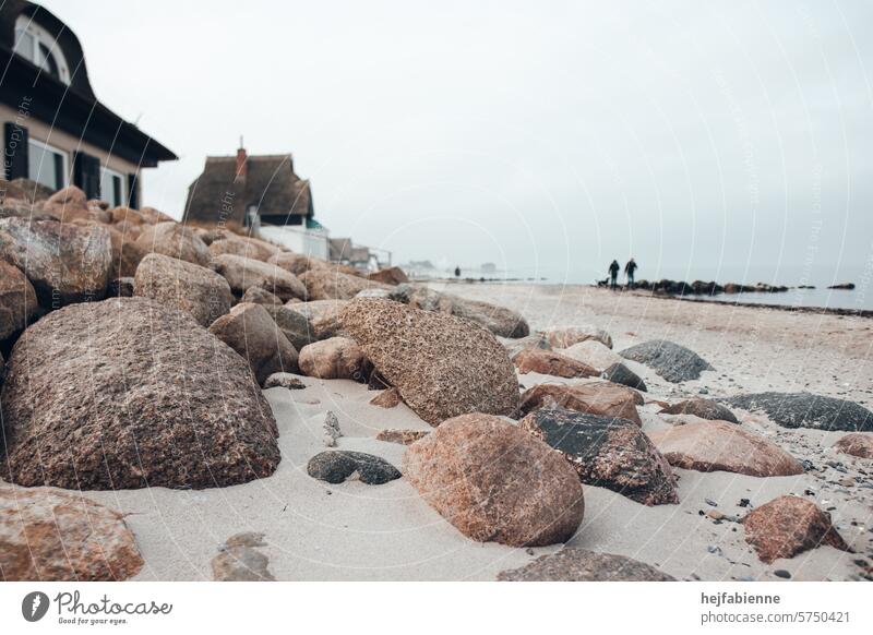 Gassirunde am Sandstrand - bräunliche Steine im Sand im Vordergrund mit Strandhäusern und zwei Menschen mit Hund in der Tiefenunschärfe Ostseeurlaub Urlaub