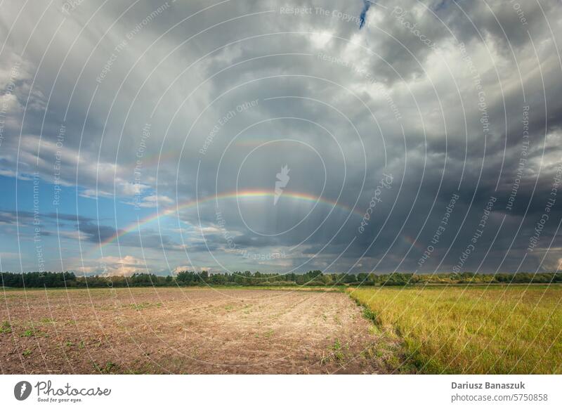 Ein Regenbogen am bewölkten Himmel über den ländlichen Feldern wolkig Wiese im Freien Landschaft bedeckt Cloud Natur Wetter Umwelt Gras Sommer Horizont blau