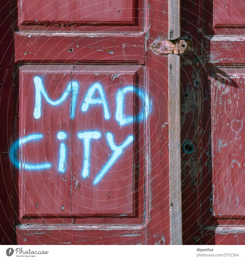 Mad City Verrückte Stadt verrückt Kunst Graffiti Straßenkunst Jugendkultur Subkultur Kreativität Schmiererei Schriftzeichen trashig Zeichen Wort Buchstaben