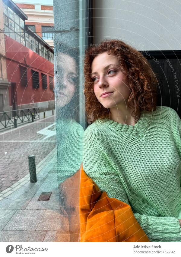 Kontemplative junge rothaarige Frau am Fenster beschaulich Reflexion & Spiegelung nachdenklich lockig Behaarung anstarrend Glas tief Gedanke urban Landschaft