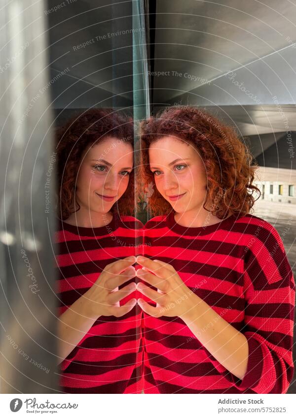 Reflektierende Illusion mit einer rothaarigen Frau in einem gestreiften Pullover Reflexion & Spiegelung Symmetrie Sinnestäuschung schwarz symmetrisch Porträt