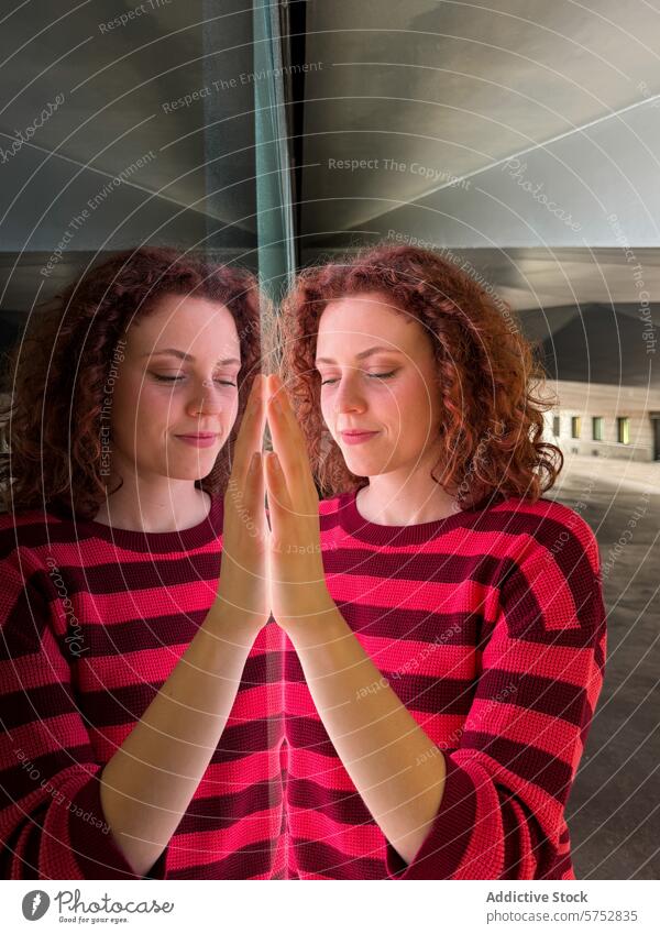 Reflektierende Symmetrie der rothaarigen Frau im rot gestreiften Hemd Reflexion & Spiegelung gestreiftes Hemd verbindlich symmetrisch Bild