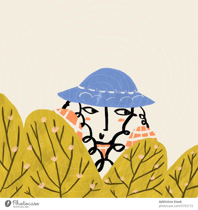 Person mit blauem Hut lugt durch gelbe Büsche Grafik u. Illustration Buchse skurril stilisiert Kunst guckend verborgen graphisch Charakter Design einfach