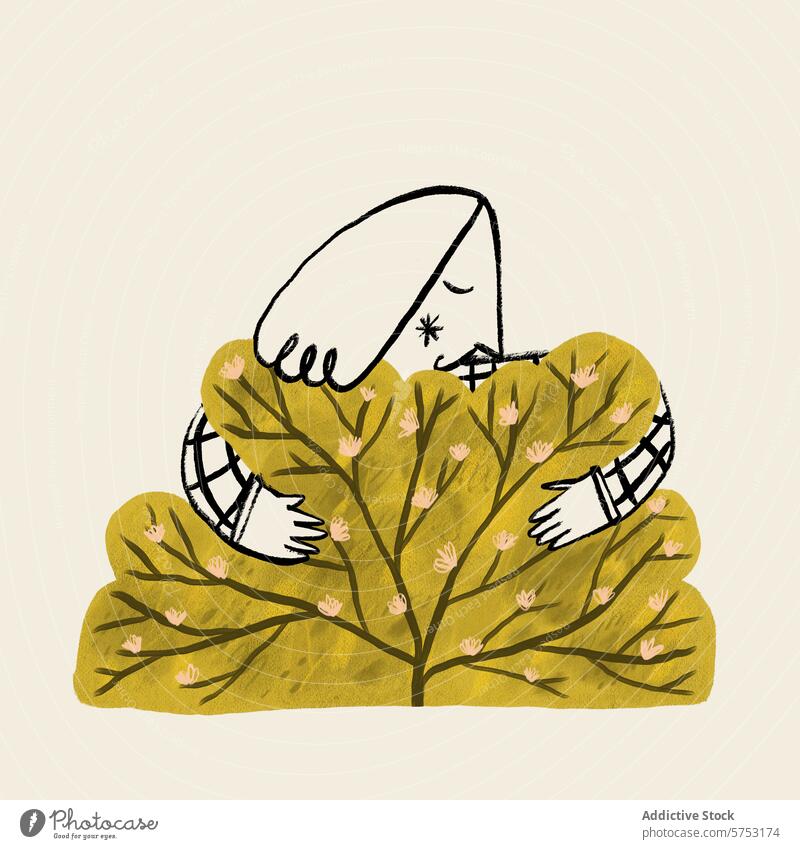Mädchen umarmt großen Busch in minimalistischen Stil Illustration Grafik u. Illustration Umarmen Buchse Blütezeit Blume künstlerisch warm Umarmung Natur