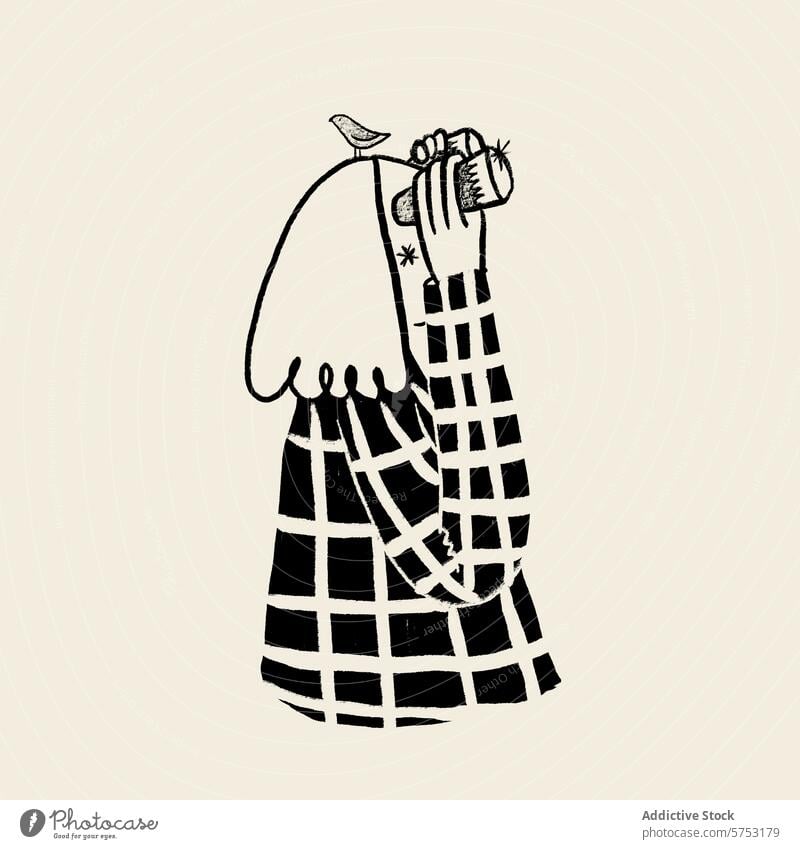 Minimalistische Illustration einer Frau mit einem Vogel und Sternen Grafik u. Illustration minimalistisch schwarz auf weiß Frieden Harmonie künstlerisch simpel