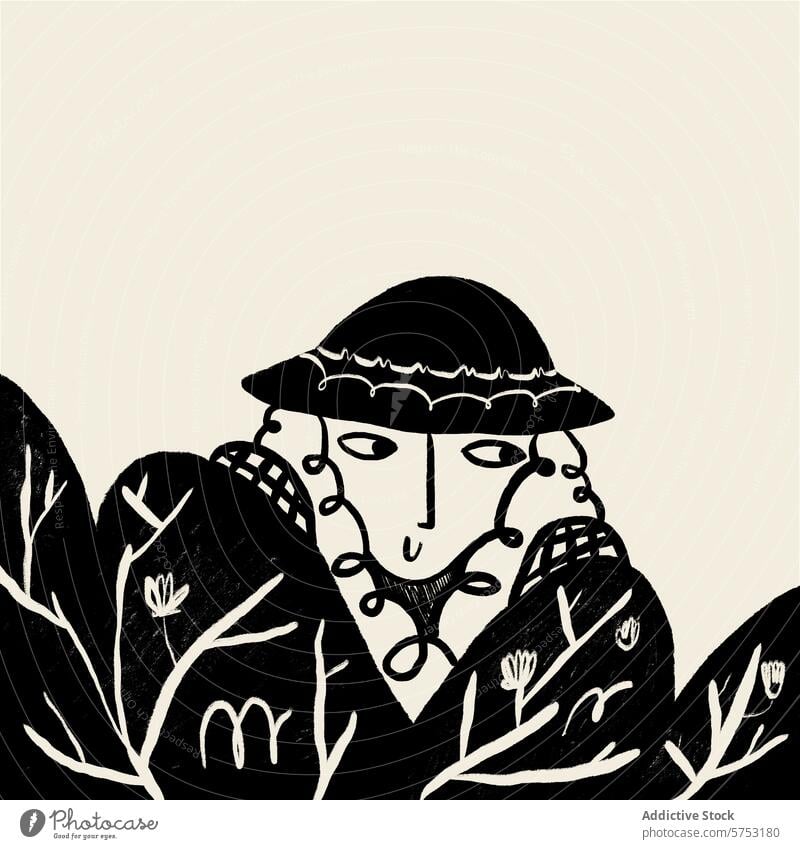 Mysteriöser Charakter in schwarz-weißer Illustration Grafik u. Illustration schwarz auf weiß geheimnisvoll Figur künstlerisch Laubwerk Hut abstrakt Design