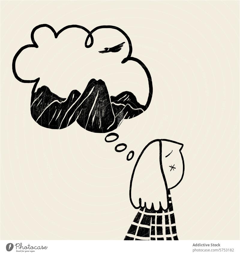 Nachdenklicher Mensch, der sich eine Gewitterwolke vorstellt Grafik u. Illustration handgezeichnet Kontemplation Tagträumen Cloud drohend Vorstellungskraft
