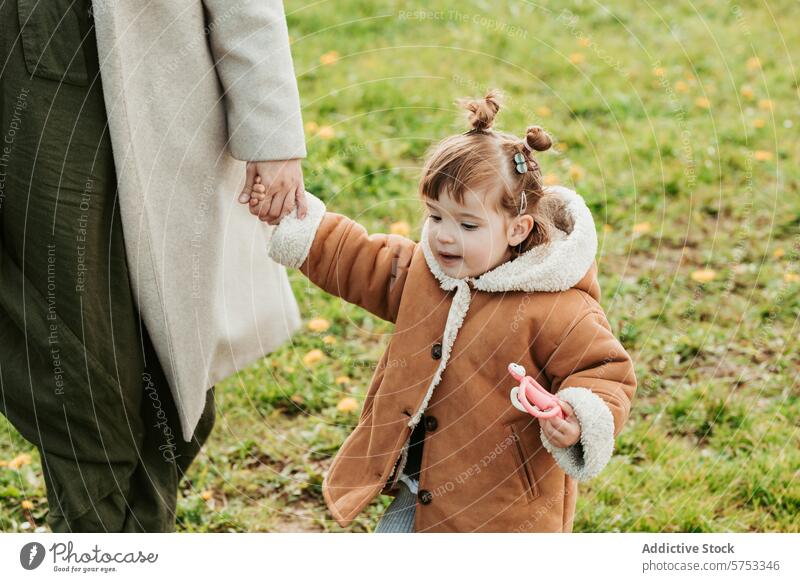 Kleinkind hält Hände mit Elternteil auf einer Wiese Hand laufen grasbewachsen Feld gelb Blume Freude Ausdruck Erwachsener freudig im Freien Natur Bonden Kind